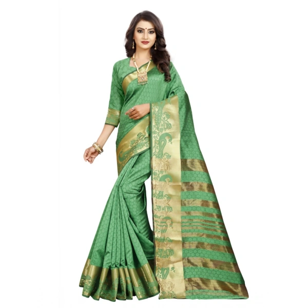 Women's Jacquard Woven Saree With Unstitched Blouse 5.5Mtr (Green) - Green