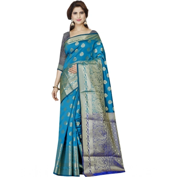 Women's Jacquard Woven Saree With Unstitched Blouse 5.5Mtr (Blue) - Blue