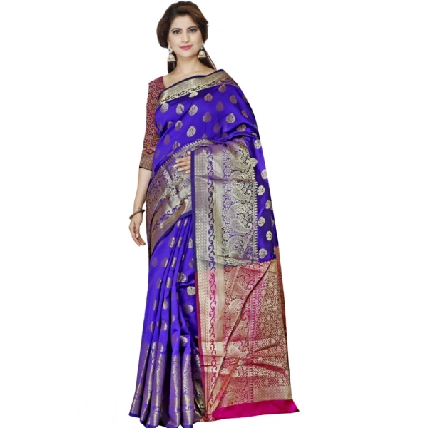 Women's Jacquard Woven Saree With Unstitched Blouse 5.5Mtr (Blue) - Blue
