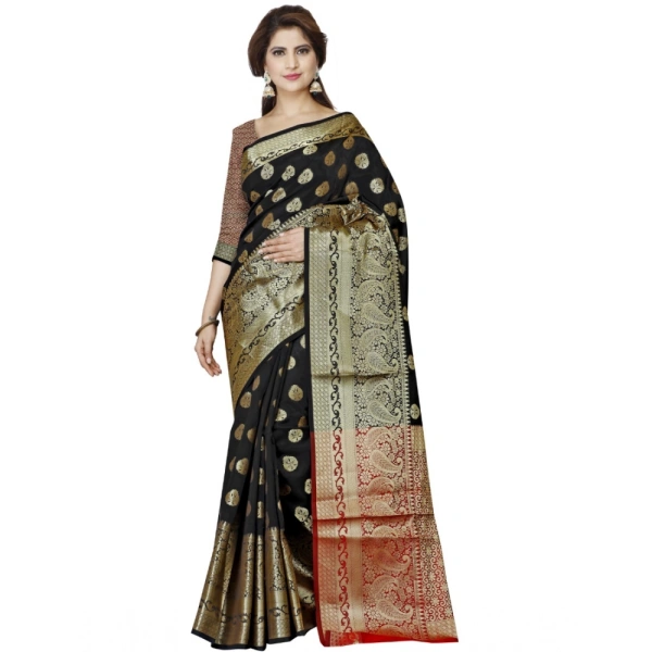 Women's Jacquard Woven Saree With Unstitched Blouse 5.5Mtr (Black) - Black