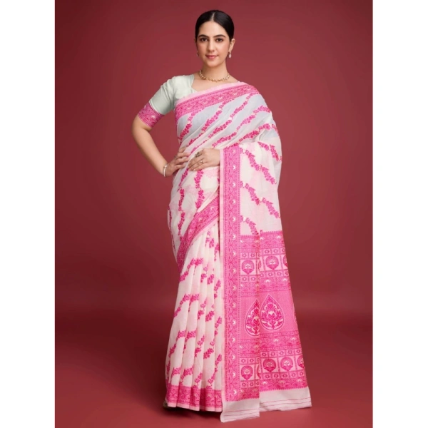 Generic Women's Jamdani Cotton Silk Printed Saree With Unstitched Blouse 5.5Mtr (Pink) - Pink