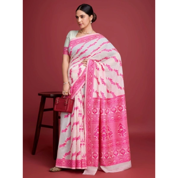 Generic Women's Jamdani Cotton Silk Printed Saree With Unstitched Blouse 5.5Mtr (Pink) - Pink