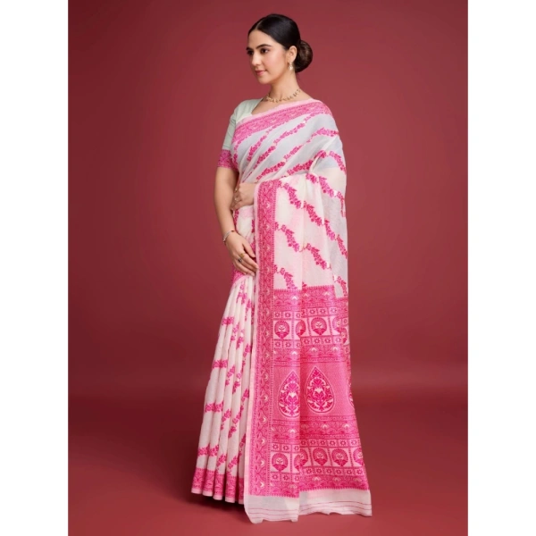 Generic Women's Jamdani Cotton Silk Printed Saree With Unstitched Blouse 5.5Mtr (Pink) - Pink