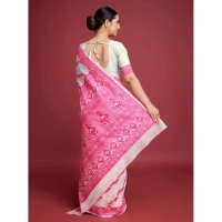 Generic Women's Jamdani Cotton Silk Printed Saree With Unstitched Blouse 5.5Mtr (Pink) - Pink