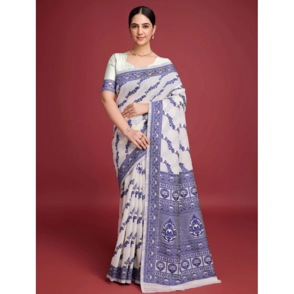 Generic Women's Jamdani Cotton Silk Printed Saree With Unstitched Blouse 5.5Mtr (Navy Blue) - Navy Blue