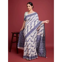 Generic Women's Jamdani Cotton Silk Printed Saree With Unstitched Blouse 5.5Mtr (Navy Blue) - Navy Blue