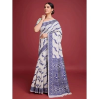 Generic Women's Jamdani Cotton Silk Printed Saree With Unstitched Blouse 5.5Mtr (Navy Blue) - Navy Blue