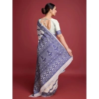 Generic Women's Jamdani Cotton Silk Printed Saree With Unstitched Blouse 5.5Mtr (Navy Blue) - Navy Blue