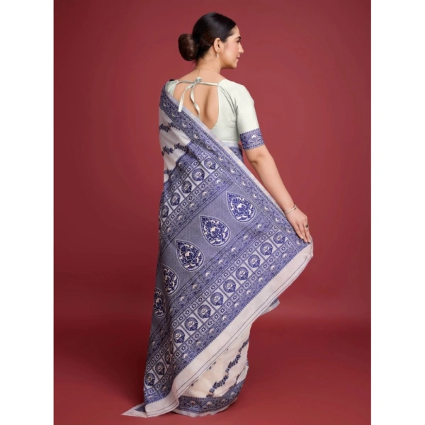 Generic Women's Jamdani Cotton Silk Printed Saree With Unstitched Blouse 5.5Mtr (Navy Blue) - Navy Blue