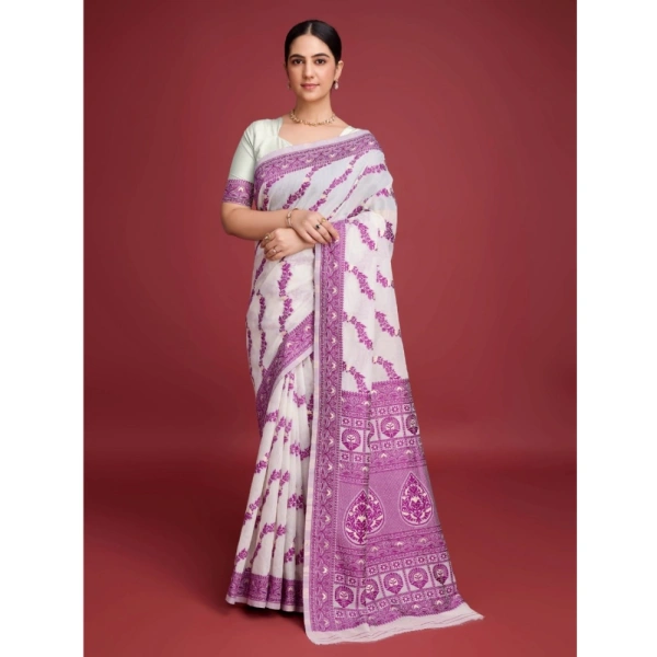 Generic Women's Jamdani Cotton Silk Printed Saree With Unstitched Blouse 5.5Mtr (Wine) - Wine