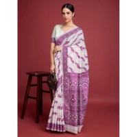 Generic Women's Jamdani Cotton Silk Printed Saree With Unstitched Blouse 5.5Mtr (Wine) - Wine