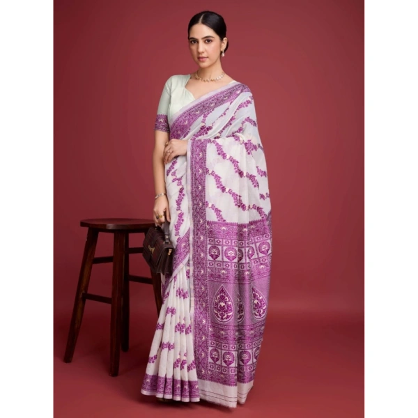 Generic Women's Jamdani Cotton Silk Printed Saree With Unstitched Blouse 5.5Mtr (Wine) - Wine