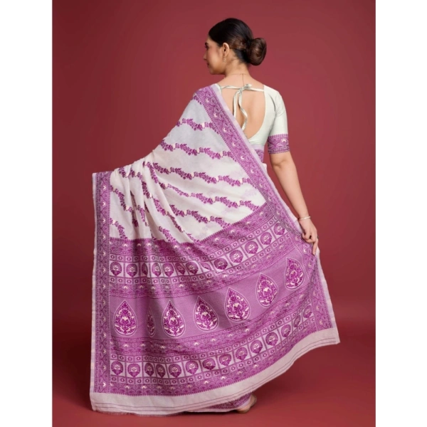 Generic Women's Jamdani Cotton Silk Printed Saree With Unstitched Blouse 5.5Mtr (Wine) - Wine
