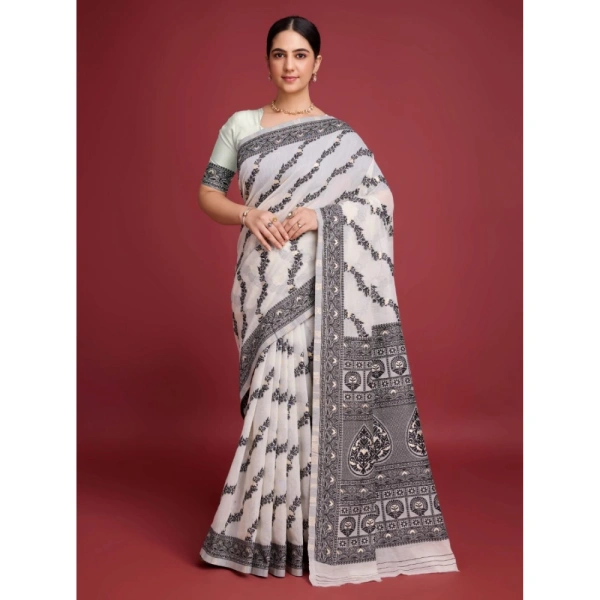 Generic Women's Jamdani Cotton Silk Printed Saree With Unstitched Blouse 5.5Mtr (Black) - Black
