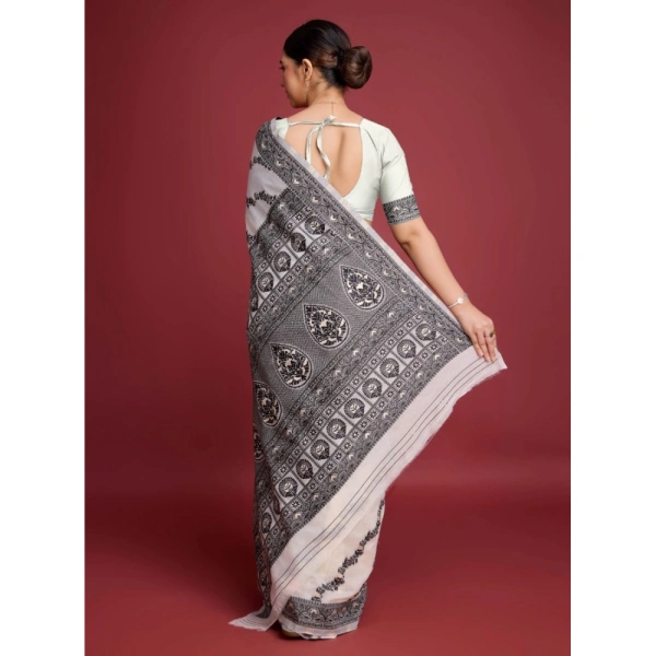 Generic Women's Jamdani Cotton Silk Printed Saree With Unstitched Blouse 5.5Mtr (Black) - Black