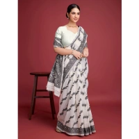 Generic Women's Jamdani Cotton Silk Printed Saree With Unstitched Blouse 5.5Mtr (Black) - Black