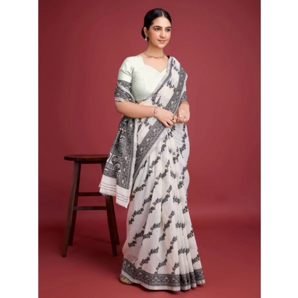 Generic Women's Jamdani Cotton Silk Printed Saree With Unstitched Blouse 5.5Mtr (Black) - Black