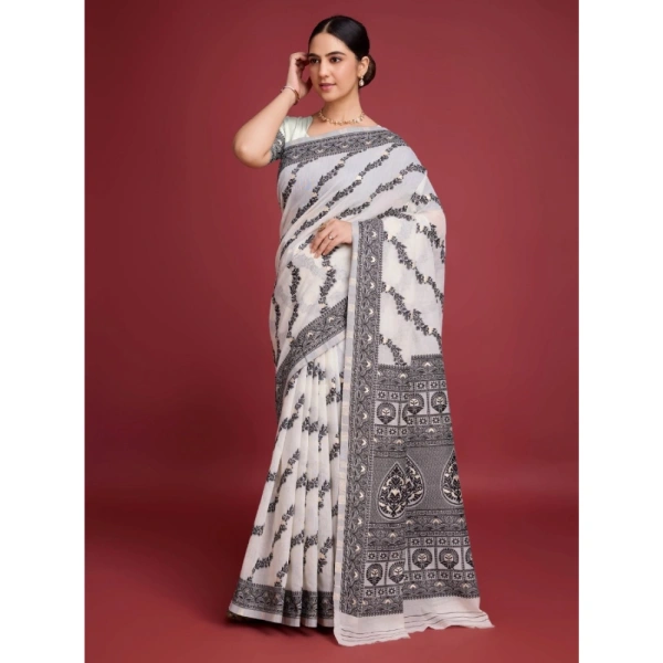 Generic Women's Jamdani Cotton Silk Printed Saree With Unstitched Blouse 5.5Mtr (Black) - Black