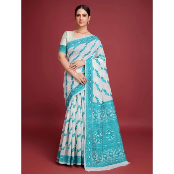 Generic Women's Jamdani Cotton Silk Printed Saree With Unstitched Blouse 5.5Mtr (Rama) - Rama