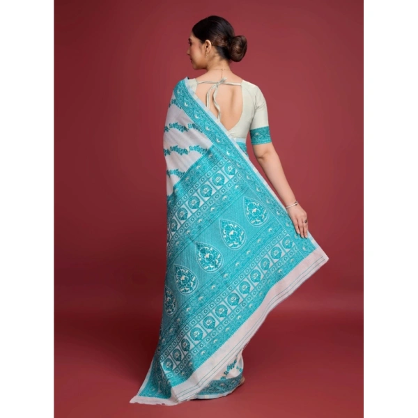 Generic Women's Jamdani Cotton Silk Printed Saree With Unstitched Blouse 5.5Mtr (Rama) - Rama