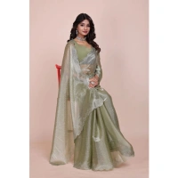 Shopnav Women's Jimmy choo Embellished Bollywood Saree With Unstitched Blouse 5.5Mtr (Light Green)