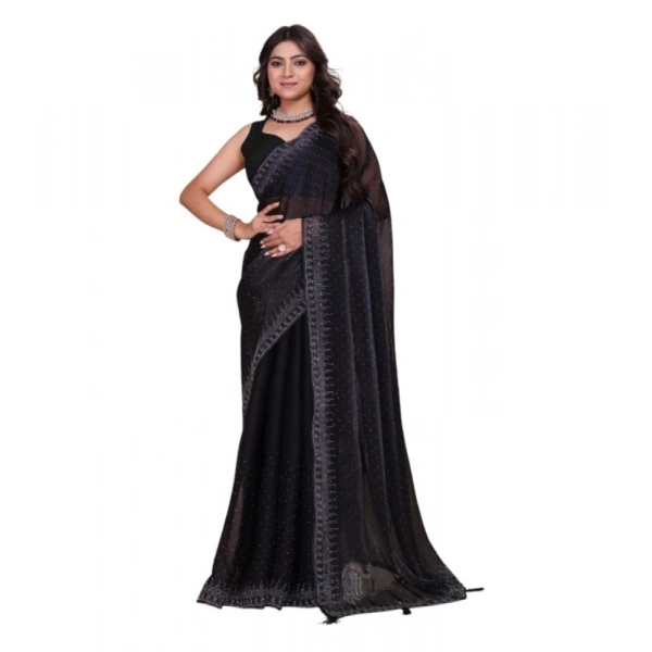Shopnav Women's Jimmy choo Embellished Bollywood Saree With Unstitched Blouse 5.5Mtr (Black)