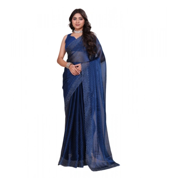 Shopnav Women's Jimmy choo Embellished Bollywood Saree With Unstitched Blouse 5.5Mtr (Blue)