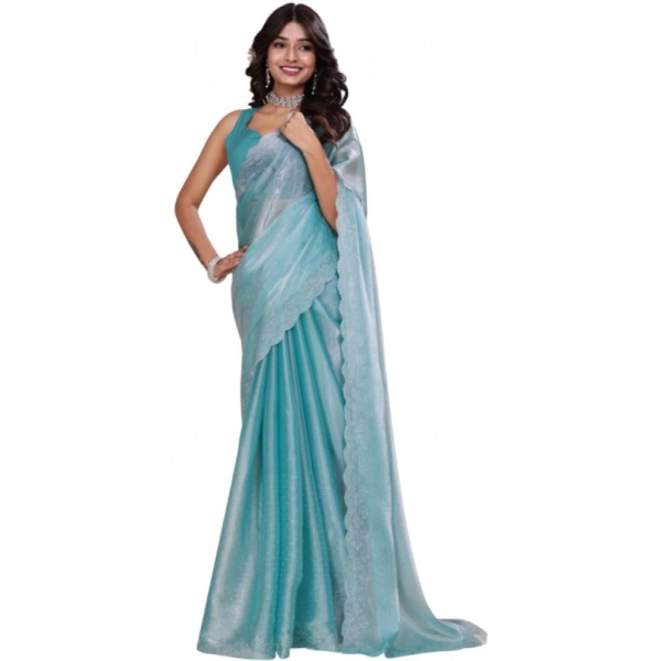 Shopnav Women's Jimmy choo Embellished Bollywood Saree With Unstitched Blouse 5.5Mtr (Light Blue)