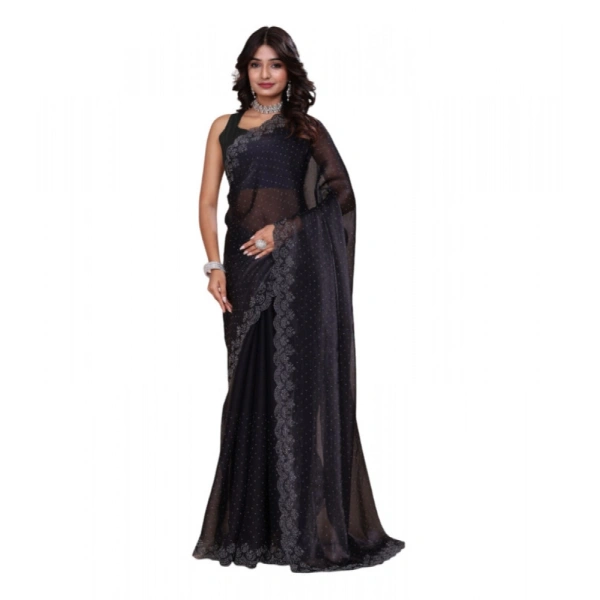 Shopnav Women's Jimmy choo Embellished Bollywood Saree With Unstitched Blouse 5.5Mtr (Black)