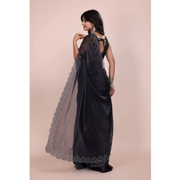 Shopnav Women's Jimmy choo Embellished Bollywood Saree With Unstitched Blouse 5.5Mtr (Black)