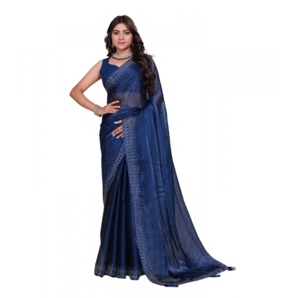 Shopnav Women's Jimmy choo Embellished Bollywood Saree With Unstitched Blouse 5.5Mtr (Blue)
