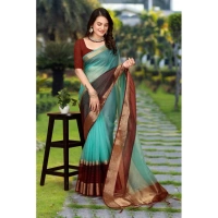Generic Women's Khadi Cotton Solid Saree With Unstitched Blouse 5.5Mtr (Sky Blue) - Sky Blue