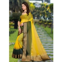 Generic Women's Khadi Cotton Solid Saree With Unstitched Blouse 5.5Mtr (Yellow) - Yellow