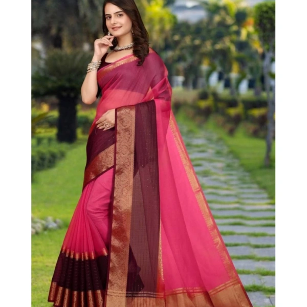 Generic Women's Khadi Cotton Solid Saree With Unstitched Blouse 5.5Mtr (Pink) - Pink