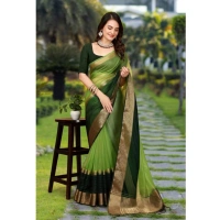 Generic Women's Khadi Cotton Solid Saree With Unstitched Blouse 5.5Mtr (Green) - Green