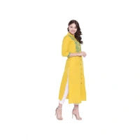Shopnav Women's Khadi Embroidered Kurti (Yellow, Khadi) - 3XL