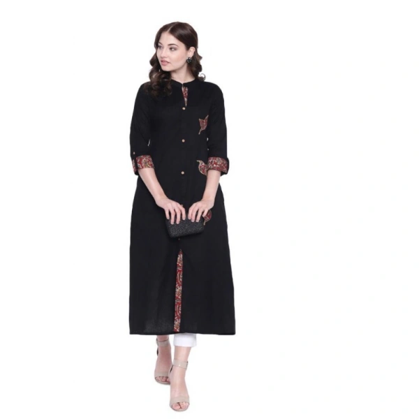 Generic Women's Khadi Printed A Line Kurti (BlackKhadi) - Black, 3/4th Sleeve, 4XL