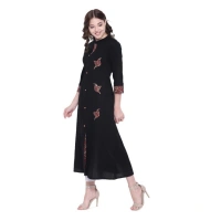Generic Women's Khadi Printed A Line Kurti (BlackKhadi) - Black, 3/4th Sleeve, 4XL