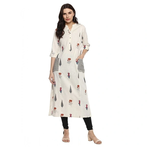 Generic Women's Khadi Printed A Line Kurti (Off WhiteKhadi) - Off White, 3/4th Sleeve, 3XL