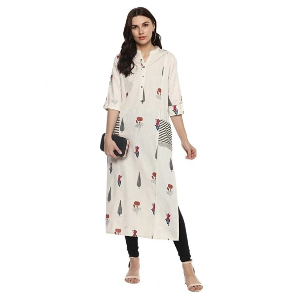 Generic Women's Khadi Printed A Line Kurti (Off WhiteKhadi) - Off White, 3/4th Sleeve, 3XL