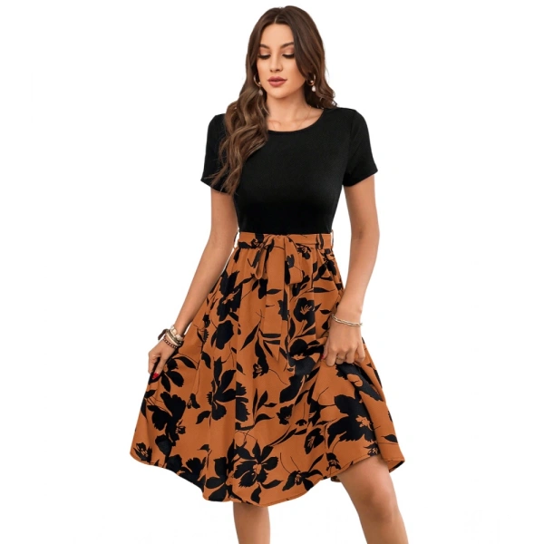 Women's Knitting Printed Round Neck Short Sleeve Dresses (Orange)