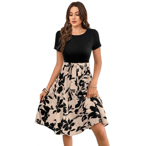 Women's Knitting Printed Round Neck Short Sleeve Dresses (Cream) - XL
