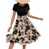 Women's Knitting Printed Round Neck Short Sleeve Dresses (Cream) - XL