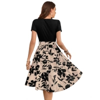 Women's Knitting Printed Round Neck Short Sleeve Dresses (Cream) - XL
