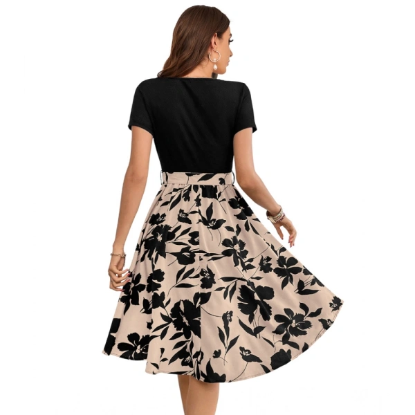 Women's Knitting Printed Round Neck Short Sleeve Dresses (Cream) - XL