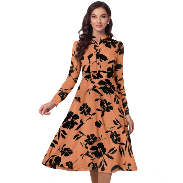 Women's Knitting Printed V-Neck Full Sleeve Dresses (Orange) - XL