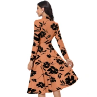 Women's Knitting Printed V-Neck Full Sleeve Dresses (Orange) - XL