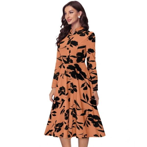 Women's Knitting Printed V-Neck Full Sleeve Dresses (Orange) - XL