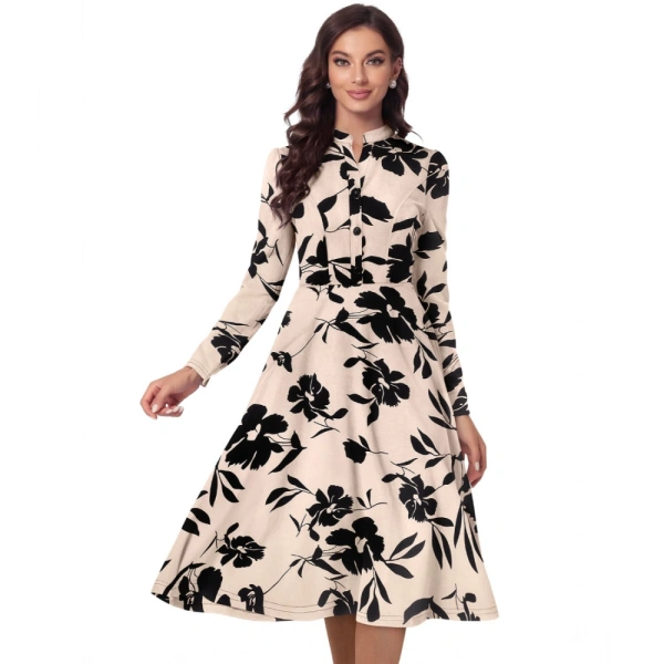Women's Knitting Printed V-Neck Full Sleeve Dresses (Cream) - XL