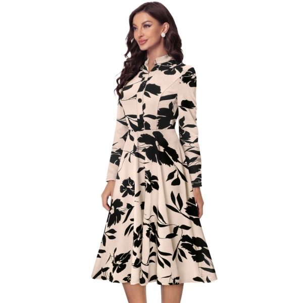 Women's Knitting Printed V-Neck Full Sleeve Dresses (Cream) - XL